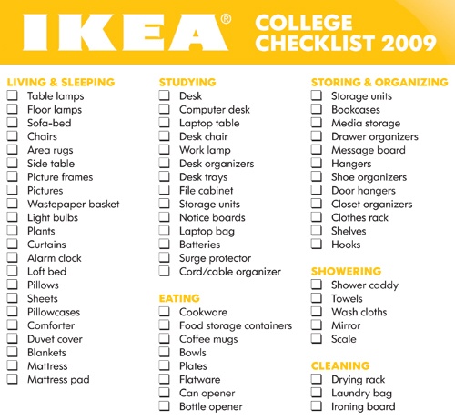 college dorm room needs checklist