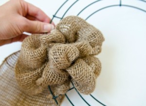 making a burlap wreath - step four