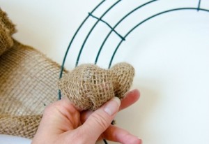 making a burlap wreath - step three