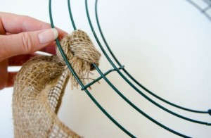 making a burlap wreath - step one