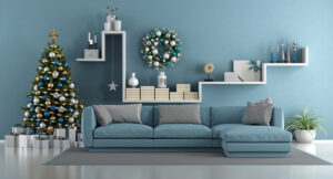 Blue-themed living room christmas decorations.